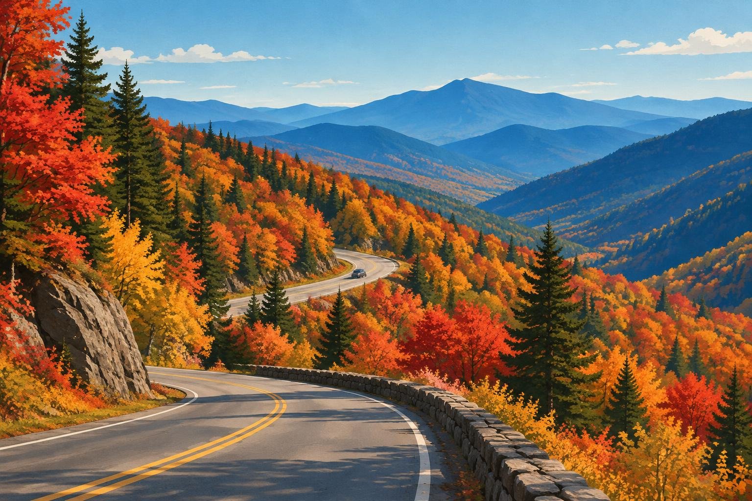 Ruta de montaña con curvas que cruza un bosque otoñal cerca de Newfound Gap, con crestas azuladas al fondo