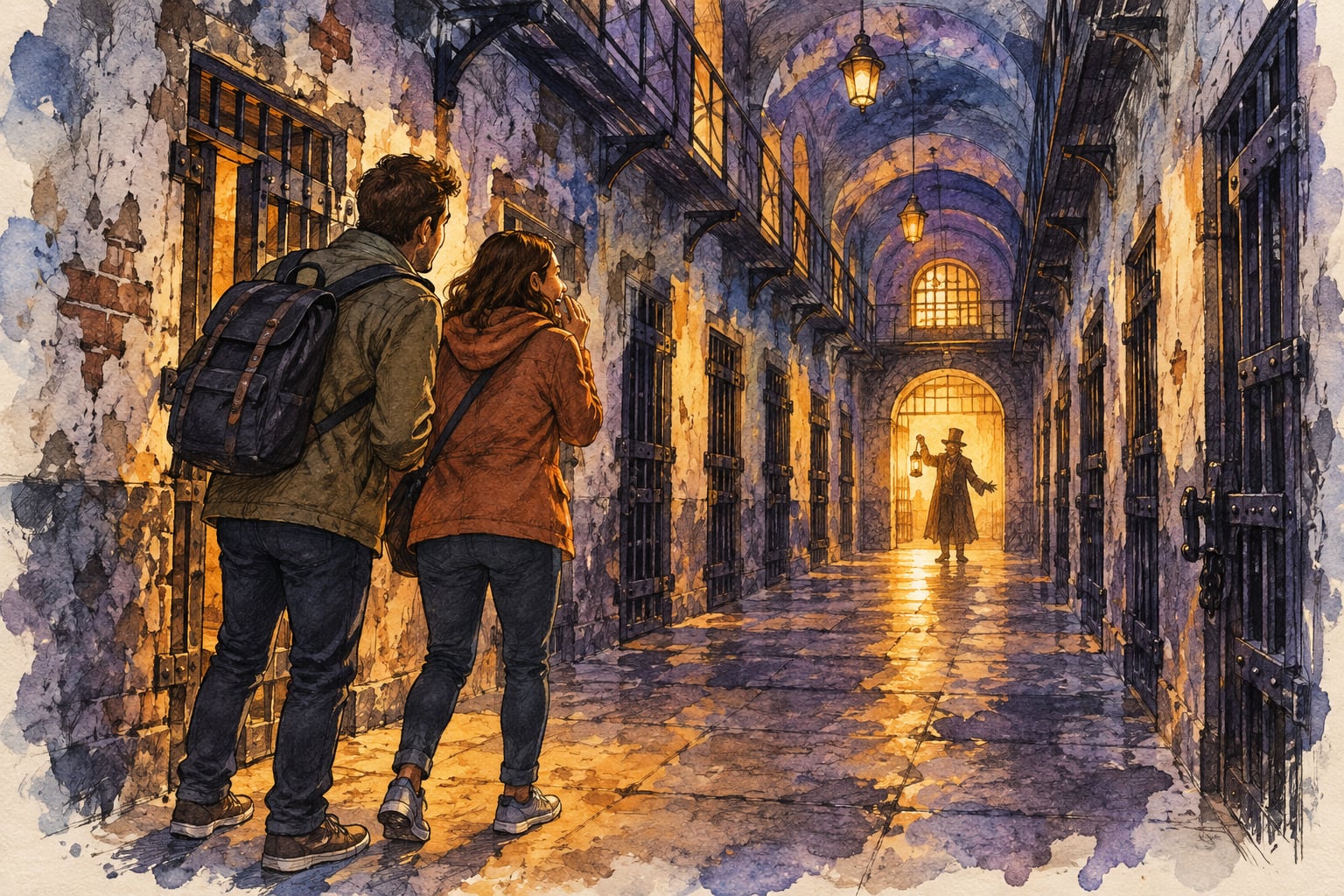 Ilustración a lápiz y acuarela de dos viajeros con abrigo frente a un pasillo de celdas y una figura teatral iluminada al fondo