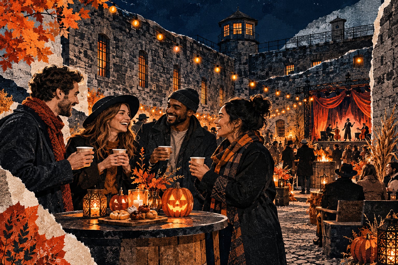 Collage editorial de un grupo de amigos tomando una pausa entre calabazas y luces cálidas en un patio de piedra inspirado en un festival de Halloween