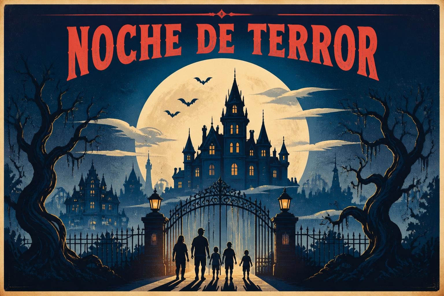 Afiche estilo vintage de una noche de terror en un parque temático de Orlando
