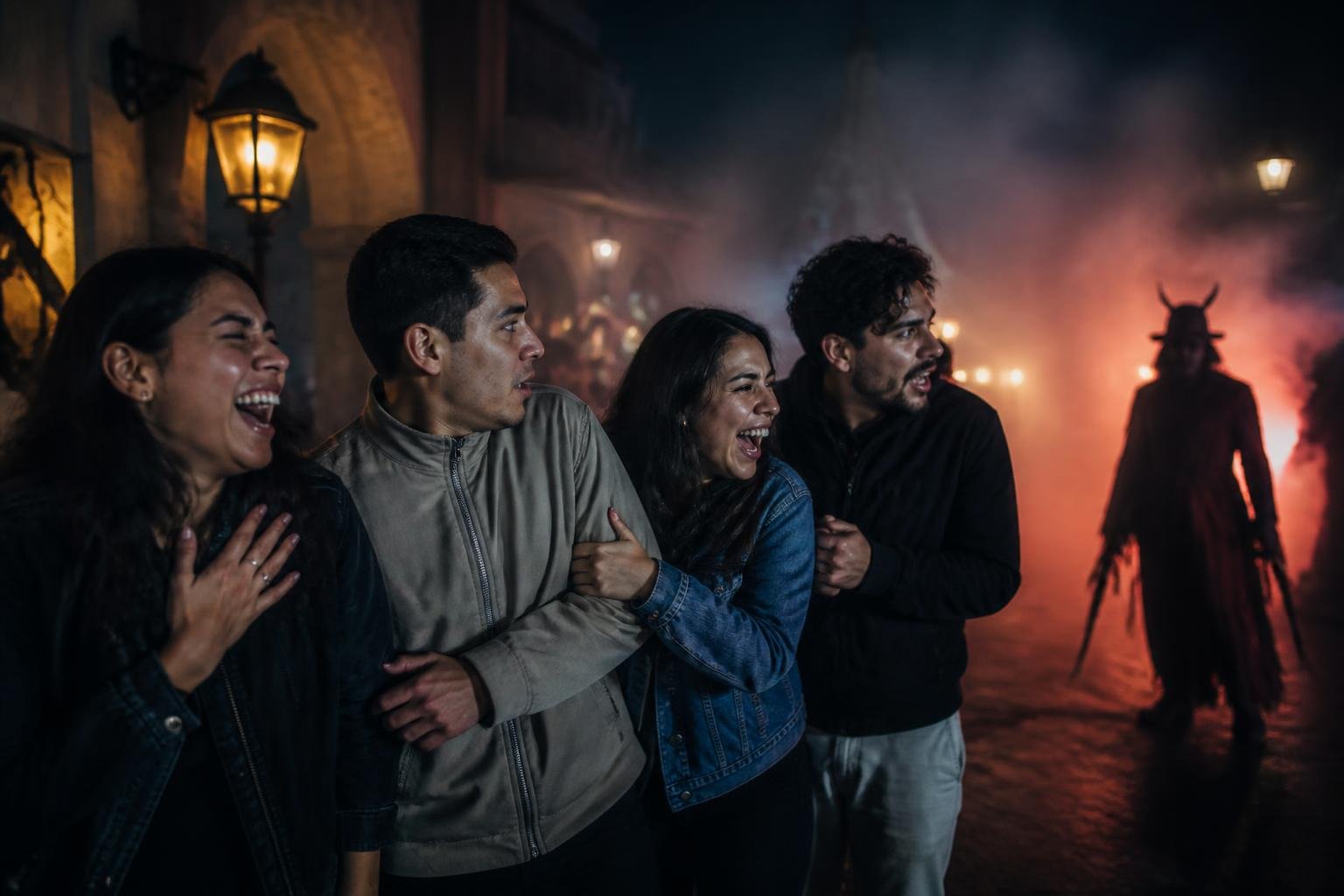 Multitud entre la niebla en una calle de parque temático de noche, con la silueta de un actor de terror
