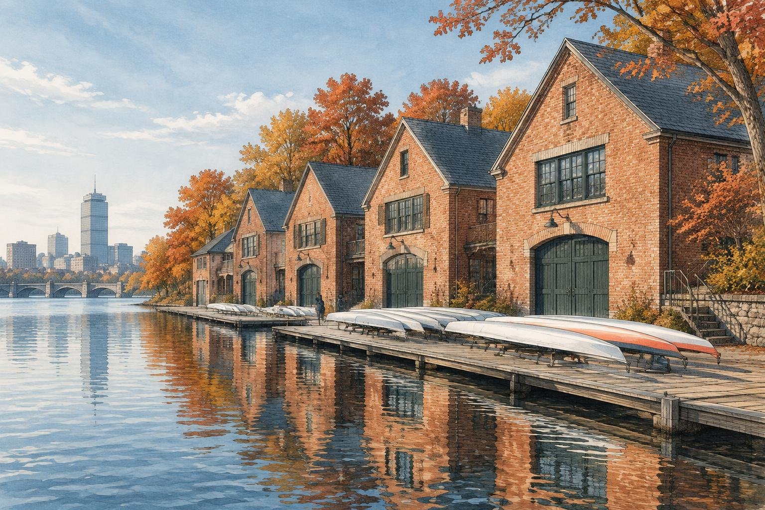 Casas de remo de ladrillo sobre la orilla del río Charles con árboles de otoño y botes apoyados en el muelle