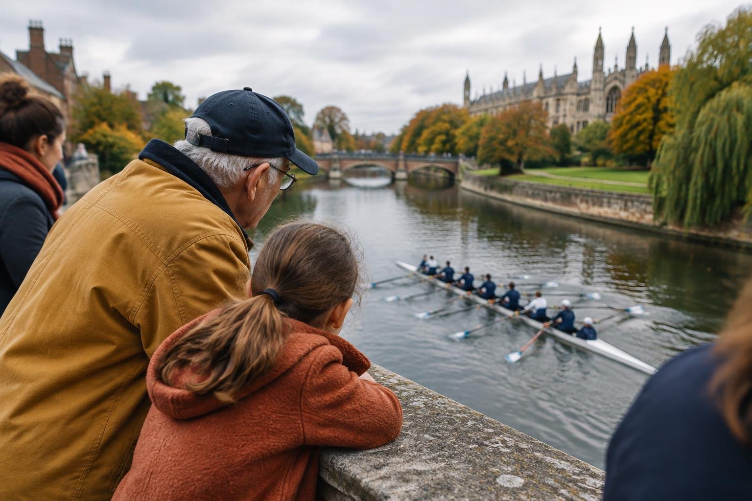 Espectadores apoyados en la baranda de un puente de Cambridge mirando pasar un bote de remo por el río Charles