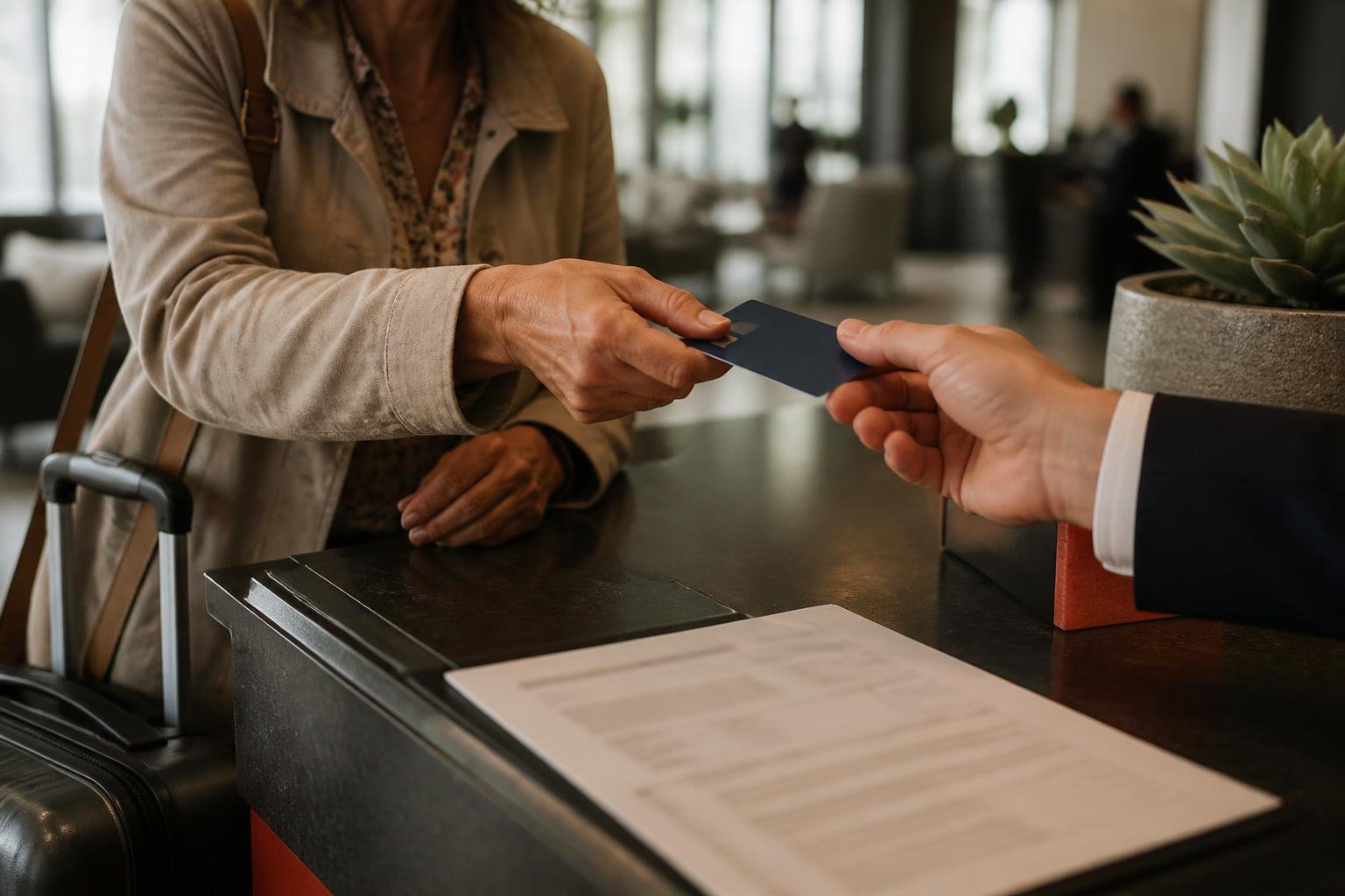 Viajera entregando su tarjeta de crédito en la recepción de un hotel durante el check-in