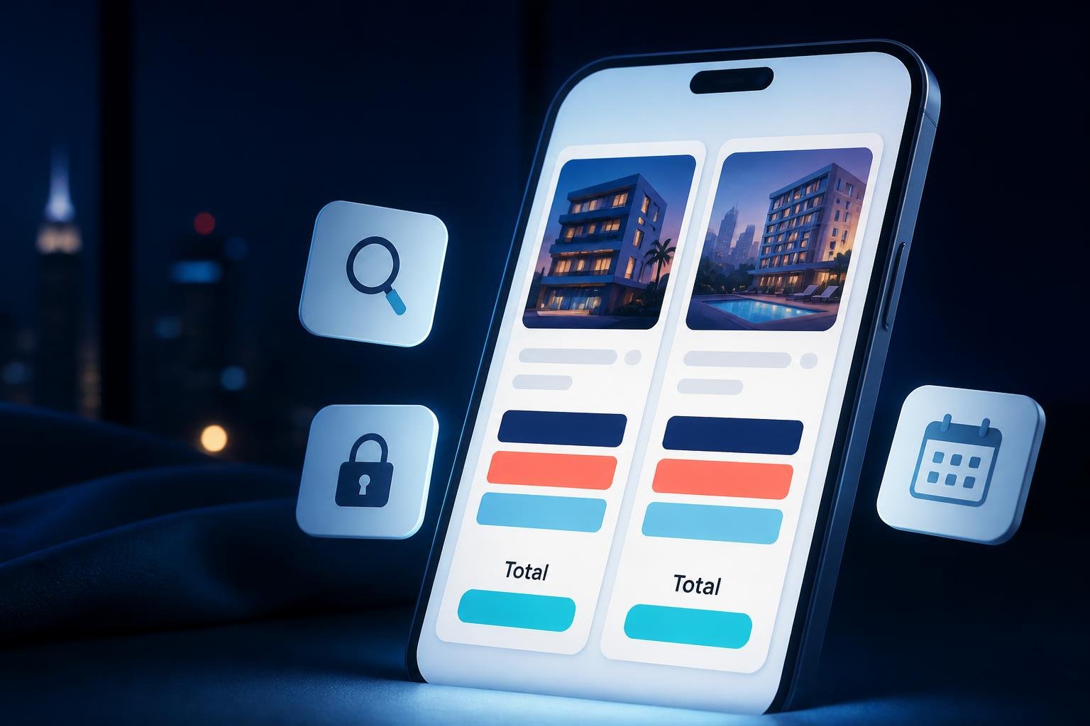Pantalla de celular comparando el precio total de dos hoteles con el desglose de cargos visible