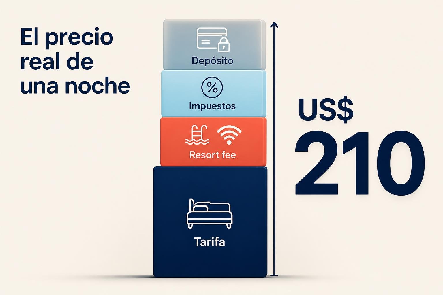 Infografía con el desglose del precio real de una noche de hotel en Estados Unidos: tarifa, resort fee, impuestos y depósito