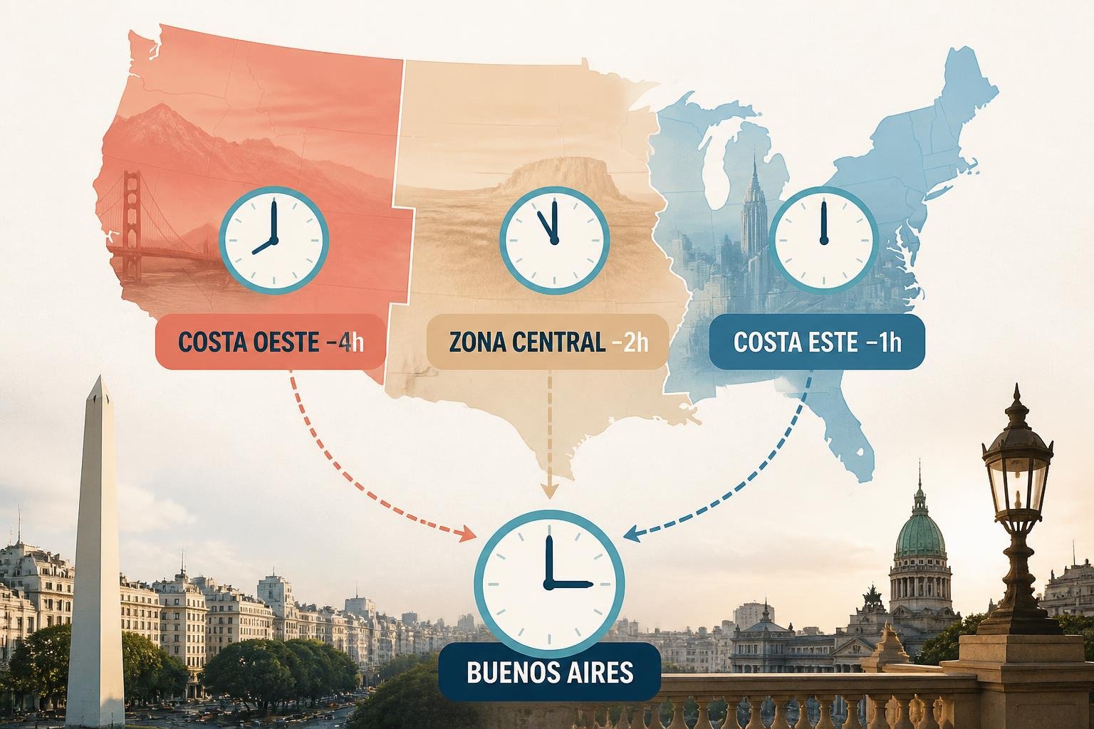 Infografía editorial que compara la hora de Buenos Aires con la Costa Este, la zona central y la Costa Oeste de Estados Unidos