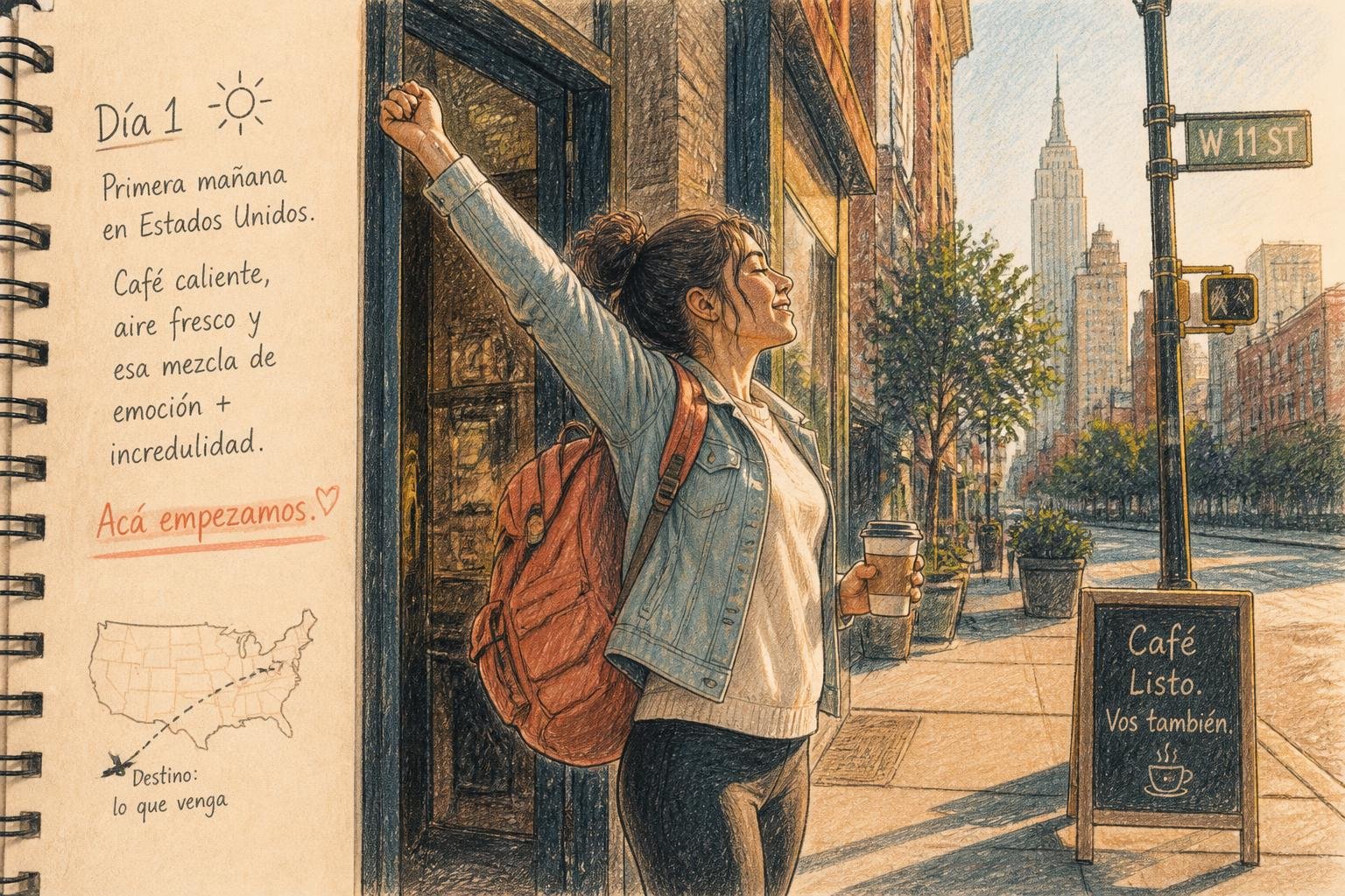 Ilustración a lápiz de color de una viajera saliendo a la luz de la mañana en su primer día en una ciudad de Estados Unidos, con café en la mano