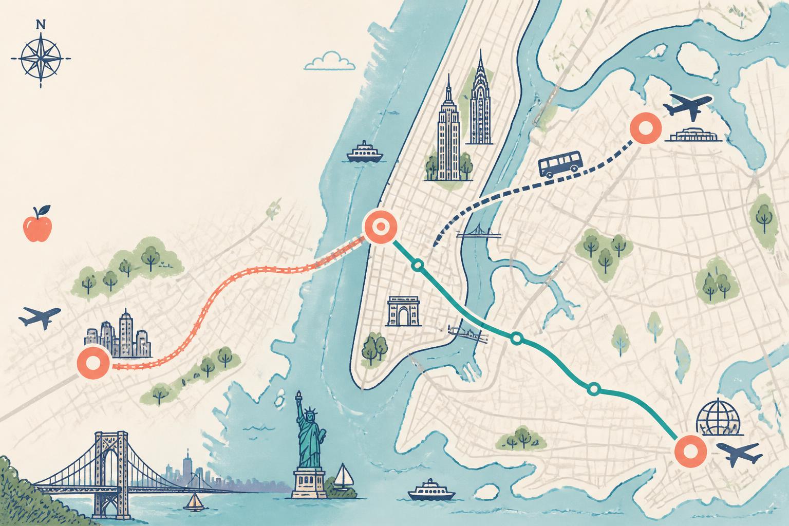 Mapa ilustrado plano de la región metropolitana de Nueva York con la grilla de Manhattan al centro y los tres aeropuertos marcados con puntos de color: JFK al sureste en Queens, LaGuardia al norte en Queens, y Newark al oeste cruzando el río Hudson en Nueva Jersey, con líneas de transporte que conectan cada uno con la ciudad