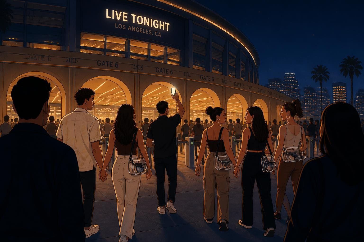 Fans entrando de noche a un estadio de Estados Unidos con bolsos transparentes y la entrada digital en el celular