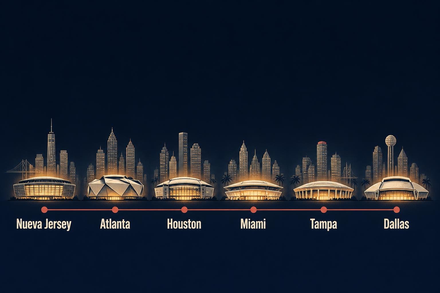 Ilustración de la ruta de la gira por Estados Unidos con sus seis paradas: Nueva Jersey, Atlanta, Houston, Miami, Tampa y Dallas
