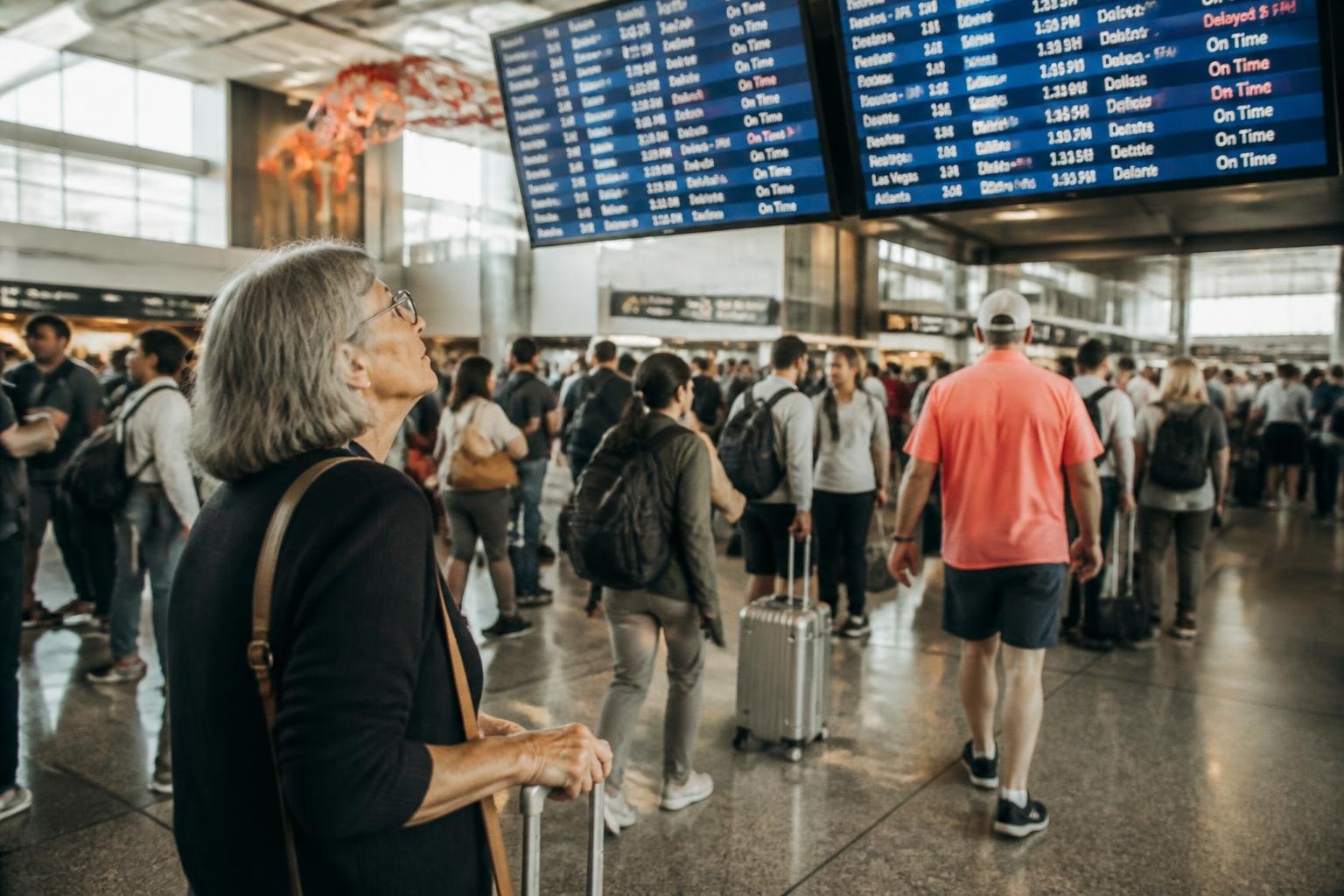 Pasajeros con valijas moviéndose por una terminal de aeropuerto estadounidense cargada durante un fin de semana largo