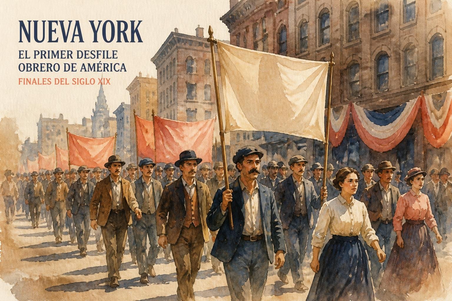 Ilustración en acuarela de un desfile de trabajadores en una calle de Nueva York a fines del siglo XIX, con pancartas y banderines de sindicatos