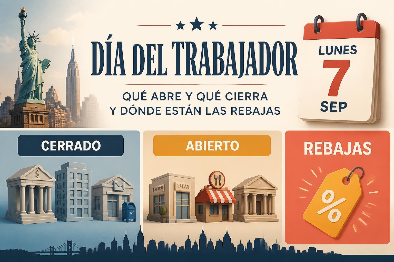 Infografía editorial que resume qué abre y qué cierra el lunes de Labor Day y dónde caen las rebajas del fin de semana