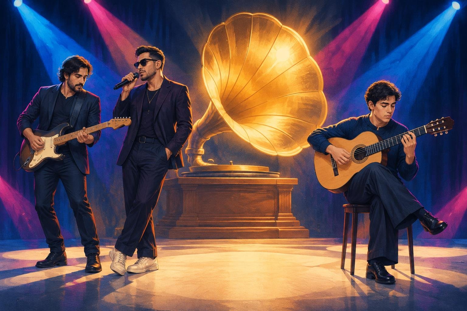 Ilustración de músicos argentinos sobre un escenario con un gramófono dorado de fondo