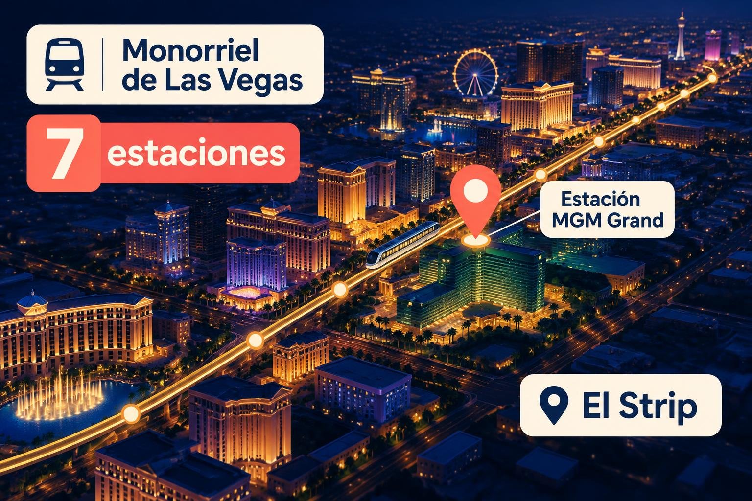 Mapa ilustrado del Strip de Las Vegas con el monorriel y la estación MGM Grand