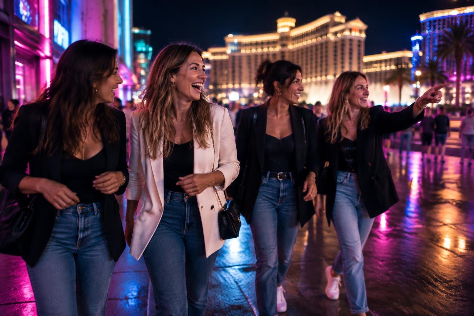 Grupo de amigas caminando de noche por el Strip de Las Vegas durante la Semana Latin Grammy
