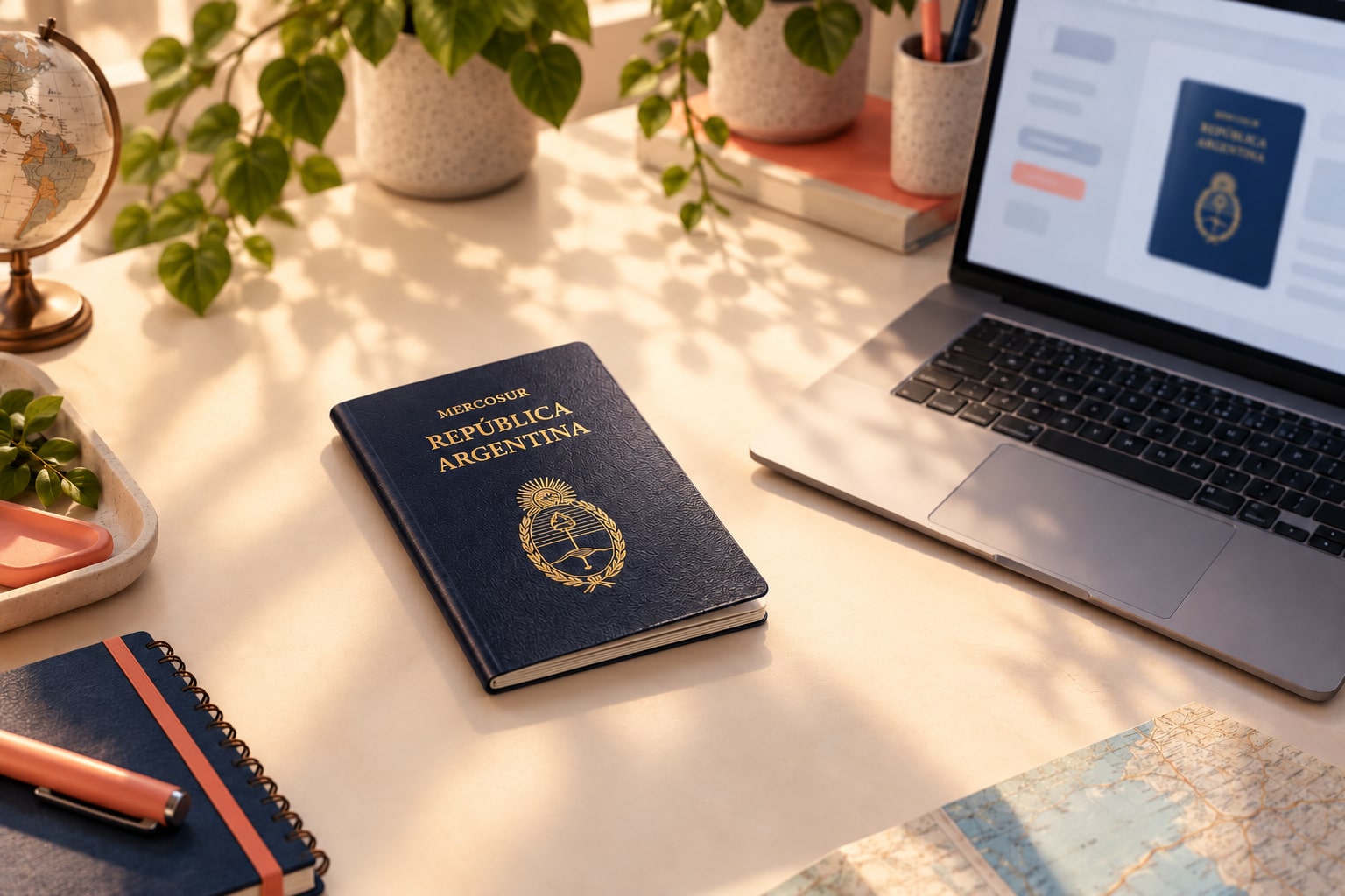 Ilustración de un pasaporte argentino junto a una computadora, sin datos personales visibles