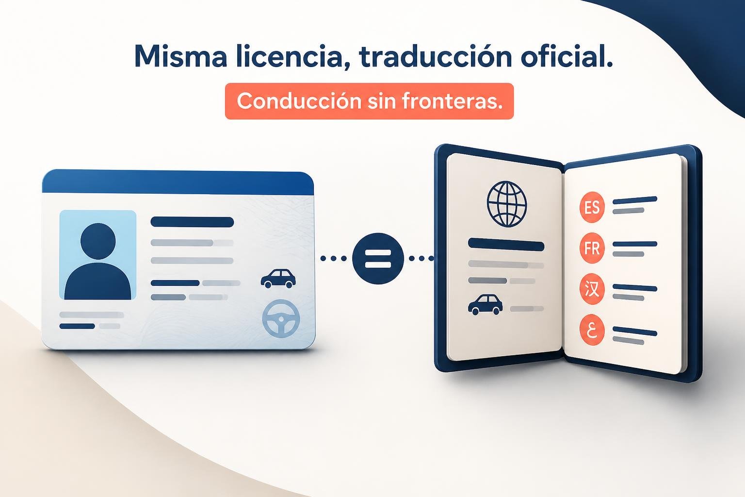 Ilustración de una licencia de conducir argentina junto al permiso internacional que la traduce a varios idiomas