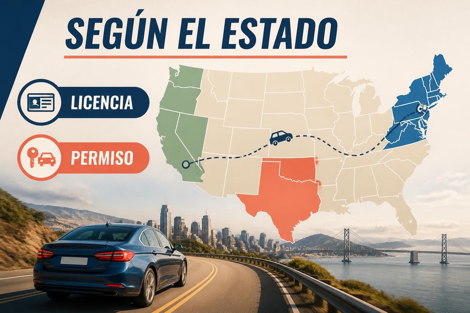 Infografía de un mapa de Estados Unidos que muestra que las reglas para manejar cambian según el estado