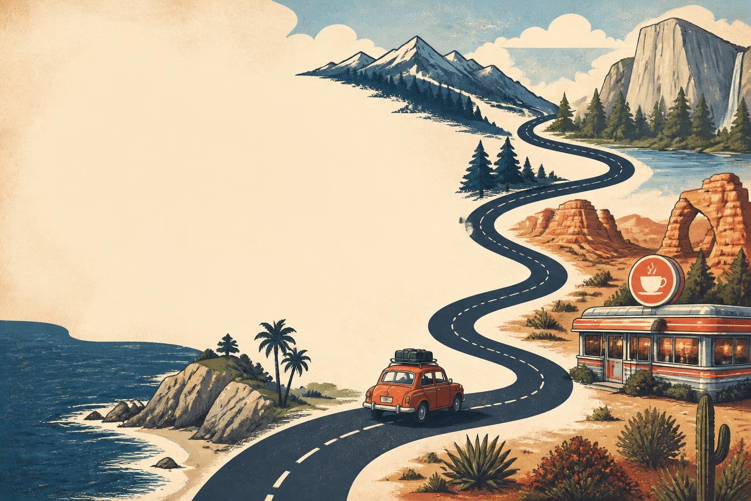 Mapa ilustrado de un road trip por Estados Unidos con auto, montañas, costa y paradas de ruta