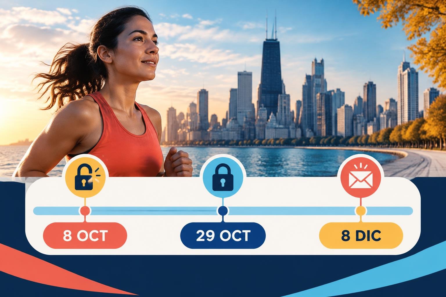 Infografía con las fechas clave de la inscripción al Maratón de Chicago del año próximo: 8 de octubre, 29 de octubre y 8 de diciembre