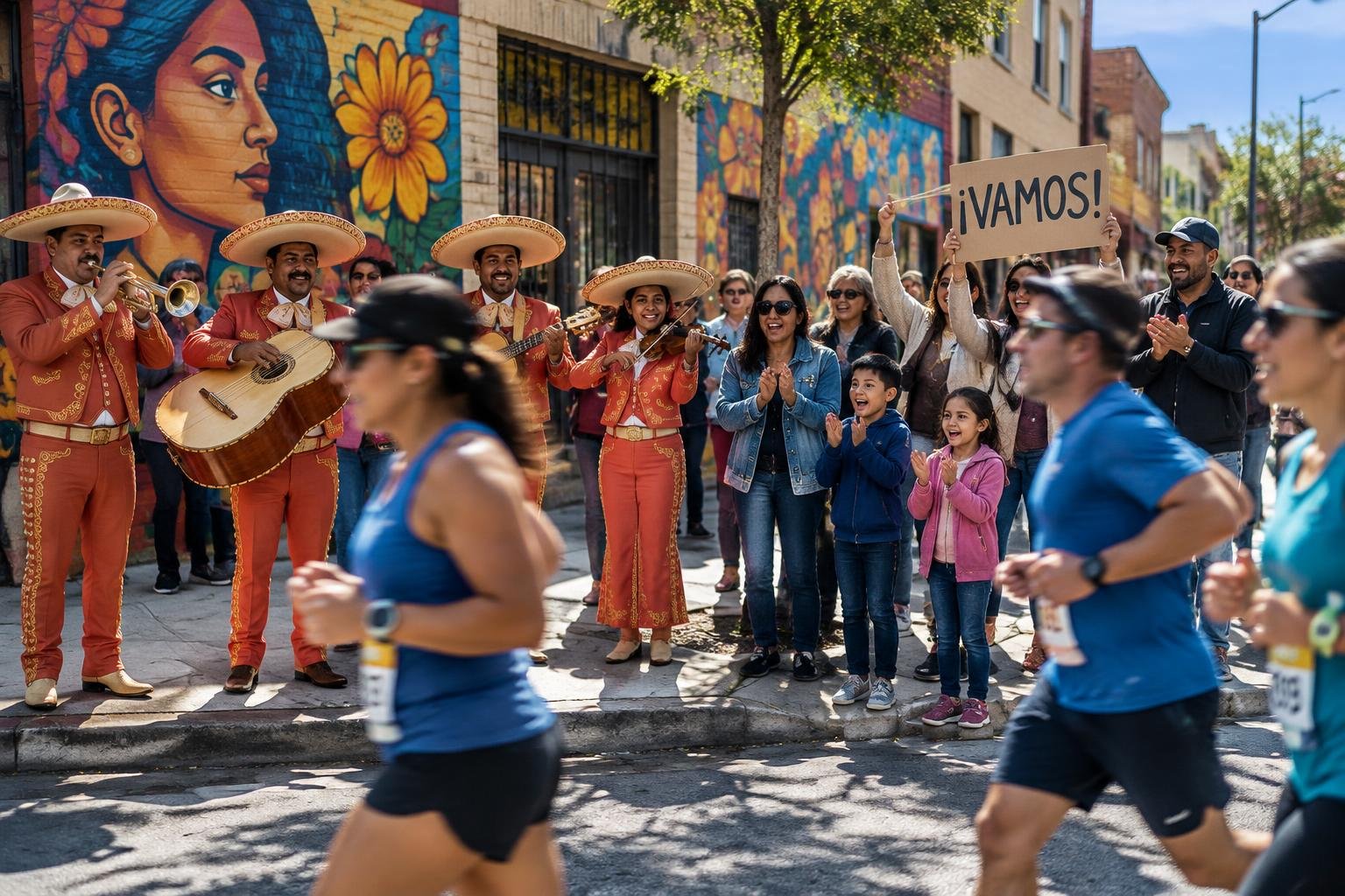 Vecinos y turistas alientan a los corredores con música de mariachi en el barrio de Pilsen, cerca de la milla 19