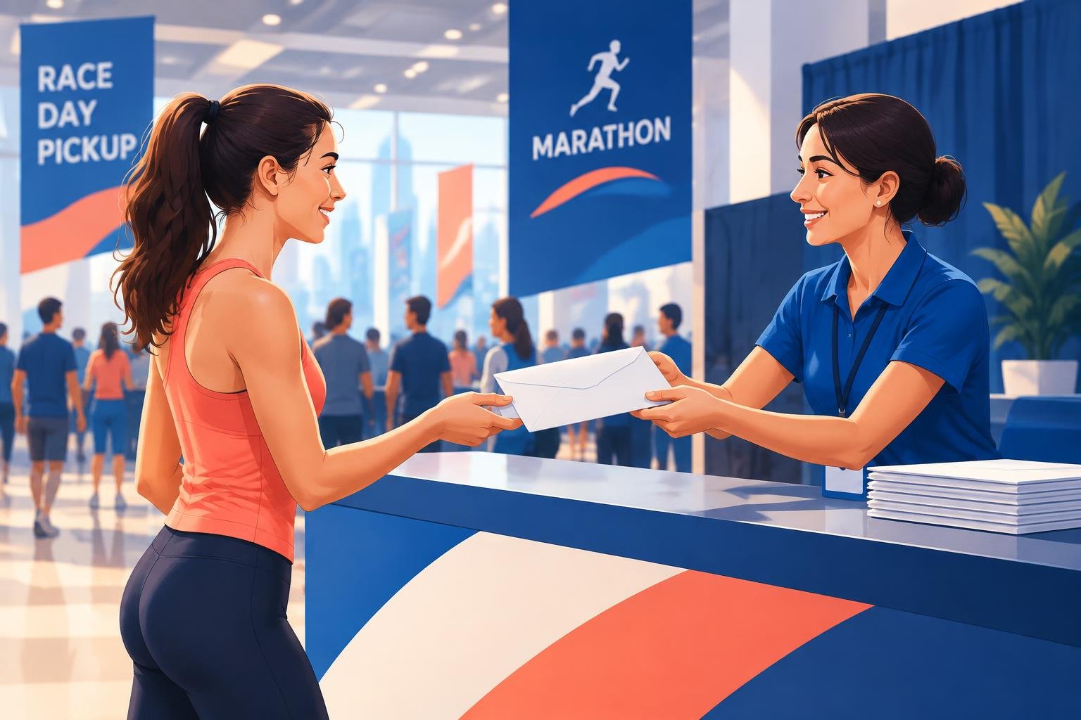 Una corredora retira su dorsal en un mostrador de la expo del maratón en McCormick Place