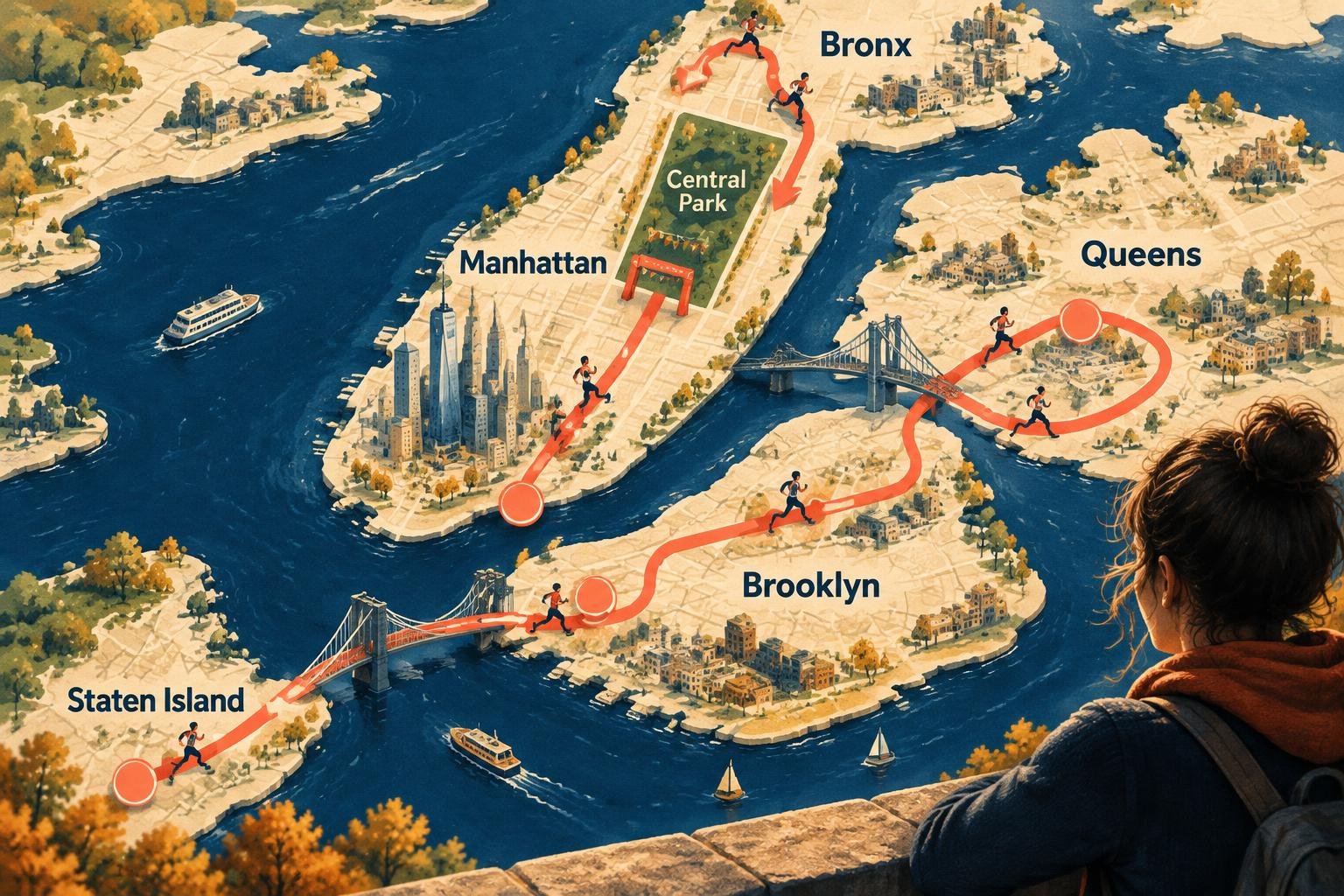 Mapa ilustrado del recorrido de la Maratón de Nueva York por Staten Island, Brooklyn, Queens, el Bronx y Manhattan