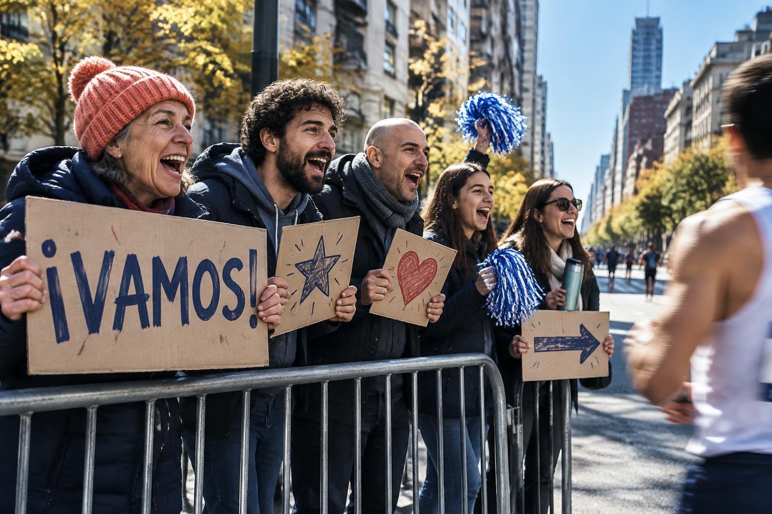 Grupo de amigos con carteles caseros alentando a los corredores desde la vereda de la Primera Avenida