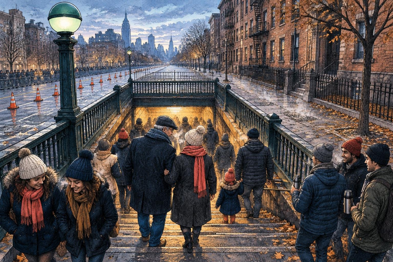 Espectadores abrigados bajando a una estación de subte de Nueva York la mañana de la maratón