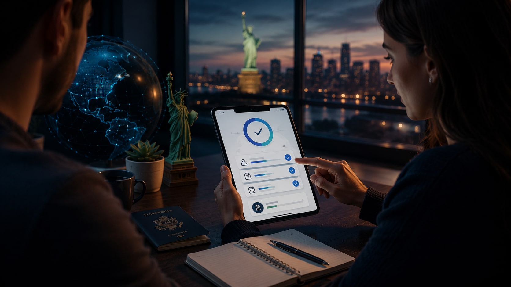 Una pareja mirando juntos la calculadora de visa en una tablet, con la Estatua de la Libertad y la ciudad de fondo