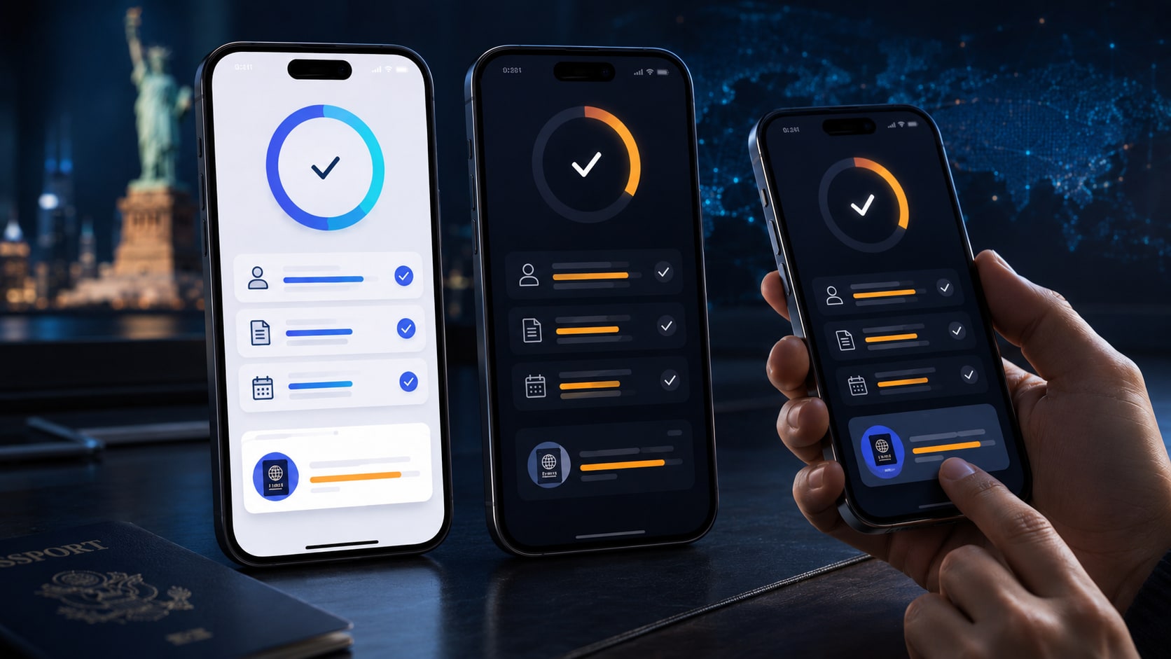 La calculadora vista en tres celulares: modo claro, modo oscuro y uno en la mano completando el análisis