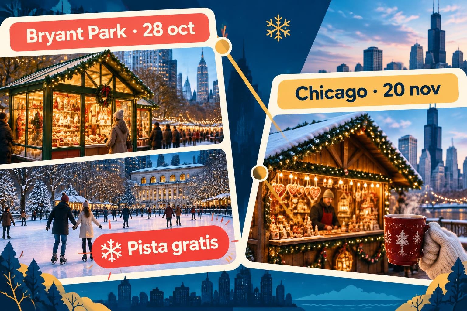 Calendario ilustrado con las fechas de apertura de los mercados navideños de Nueva York y Chicago