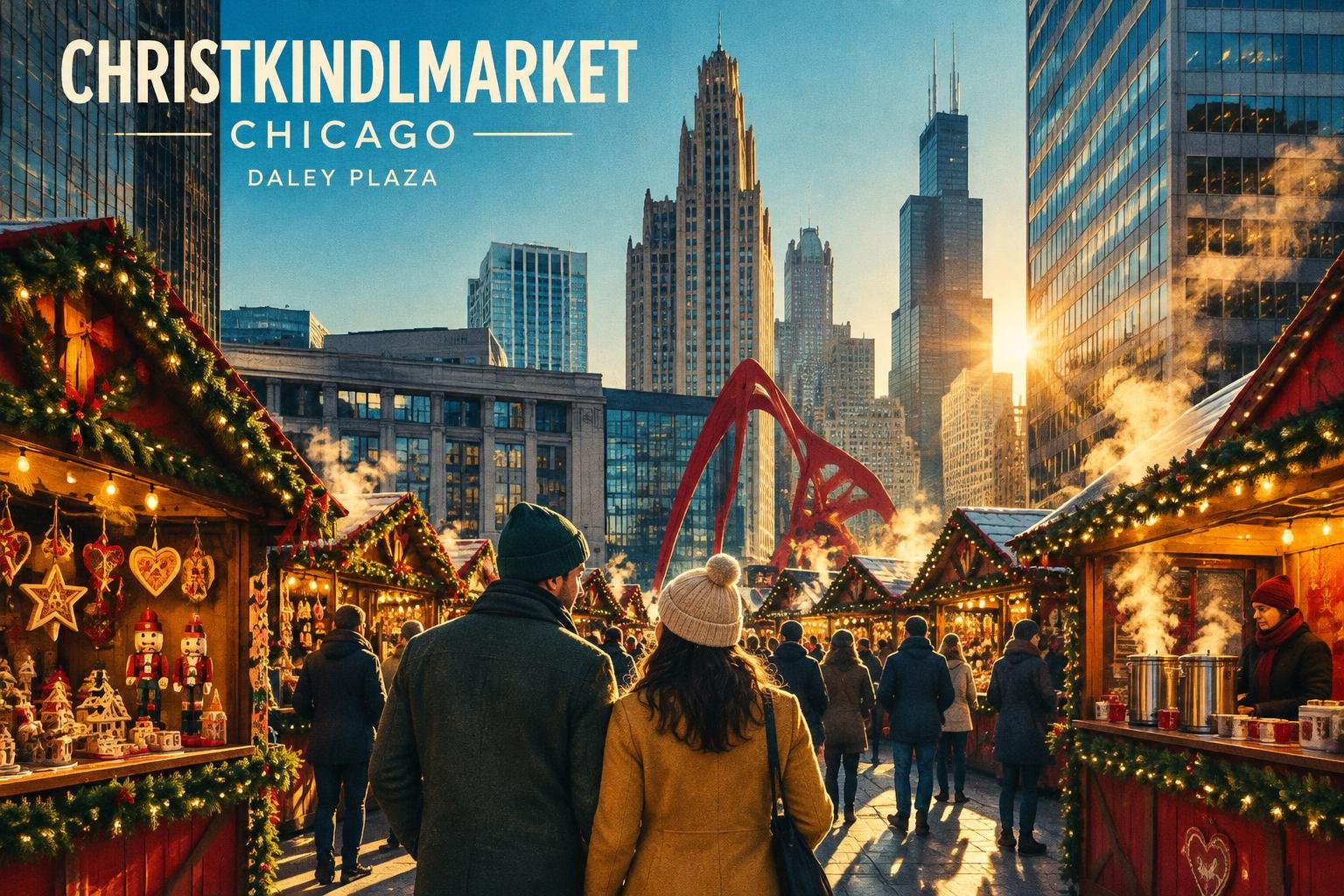 Puestos de madera del Christkindlmarket en Daley Plaza, en el centro de Chicago, con luces y vapor de vino caliente