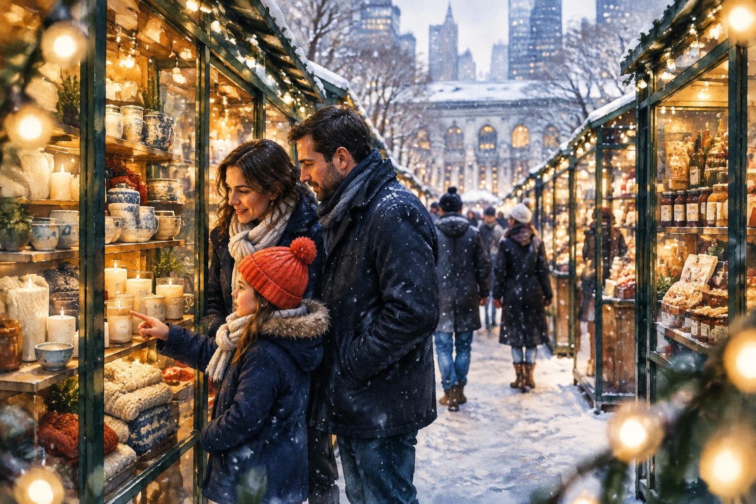Pasillo entre los puestos de vidrio del mercado de Bryant Park con gente abrigada mirando regalos artesanales