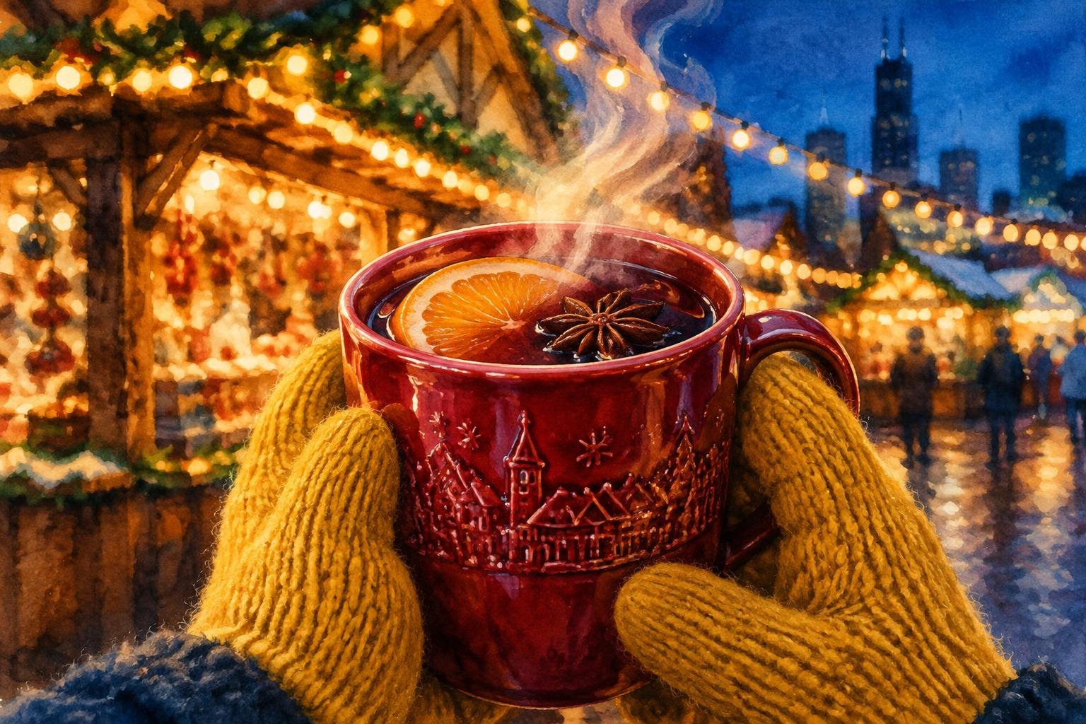 Manos con guantes sosteniendo una taza souvenir con vino caliente especiado en un mercado navideño