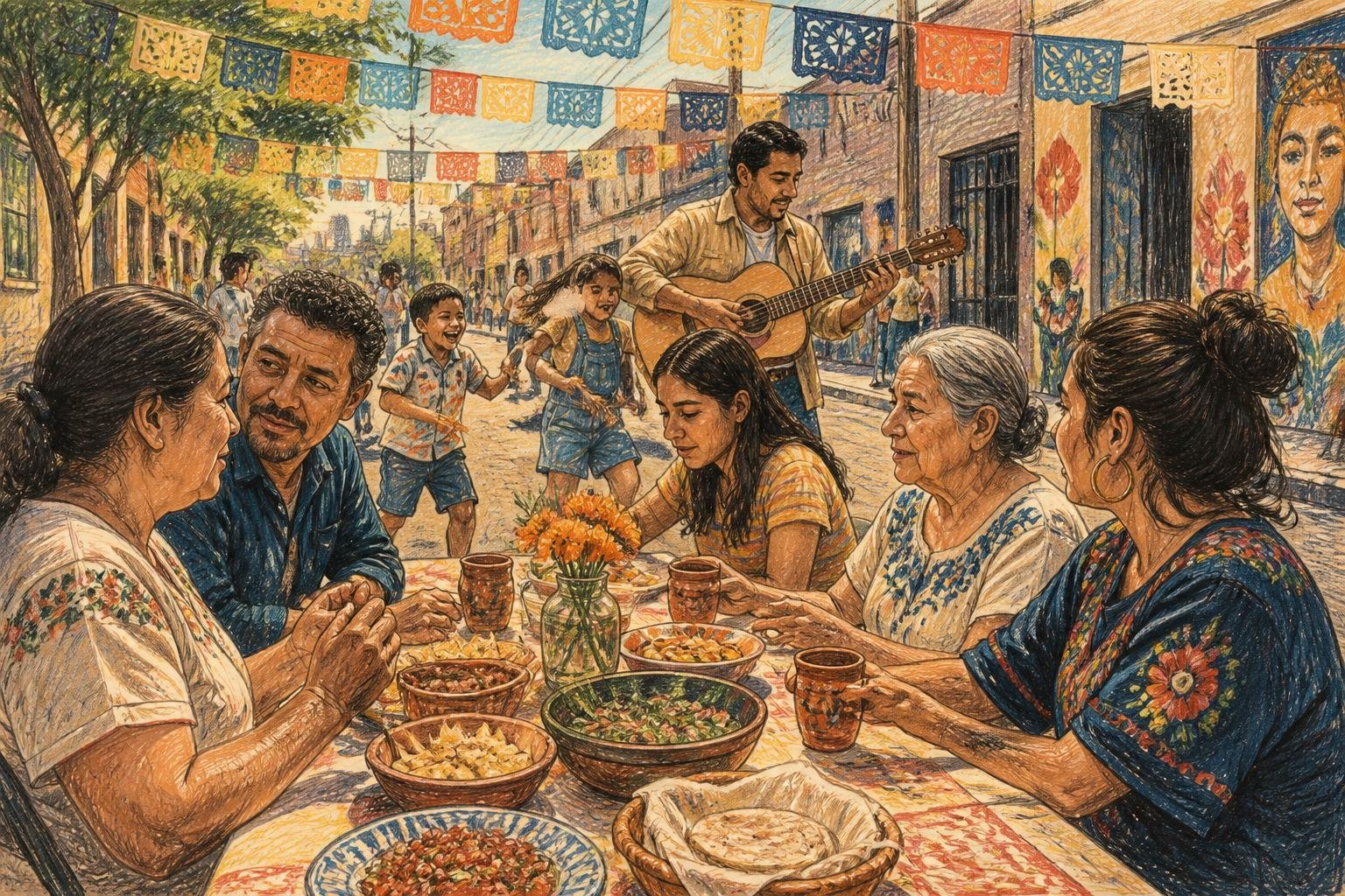 Ilustración cálida a lápiz de color de una familia y amigos latinos celebrando en la calle de un barrio de Estados Unidos