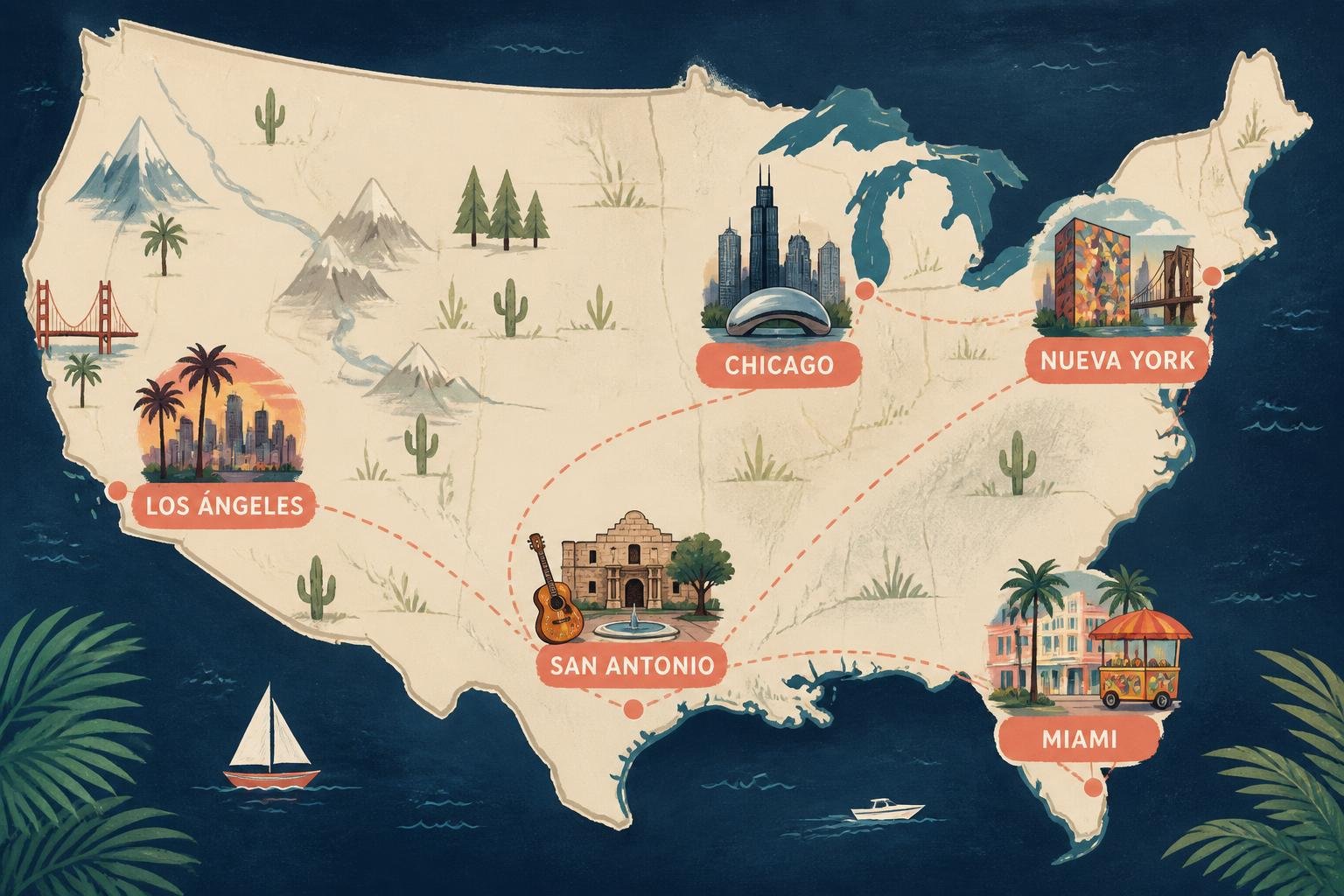 Mapa ilustrado de Estados Unidos con las principales ciudades de cultura latina marcadas: Miami, Nueva York, Chicago, Los Ángeles y San Antonio
