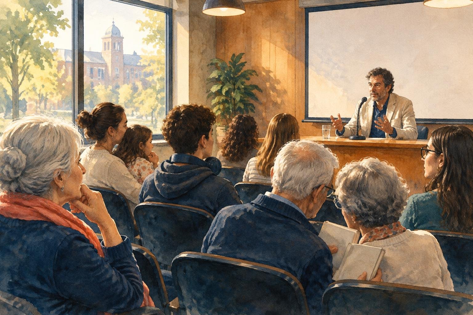 Público escucha a un autor en un salón de la feria durante una charla en español