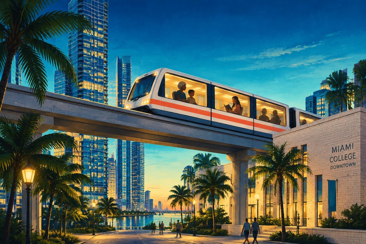 Vagón del Metromover pasa entre los edificios del downtown de Miami cerca del campus del Miami Dade College