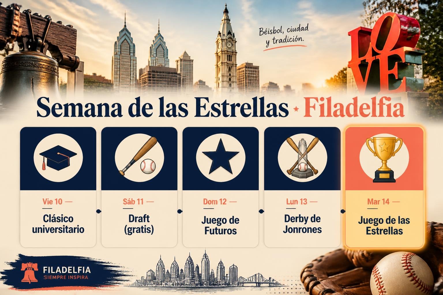 Infografía editorial con la agenda del Juego de las Estrellas del 10 al 14 de julio en Filadelfia