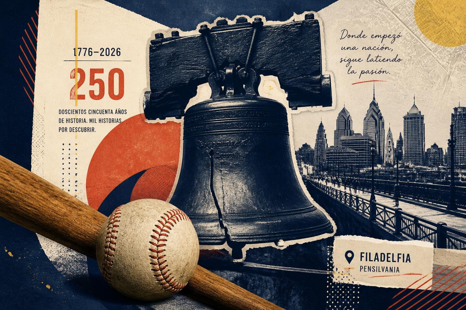 Collage editorial cultural que mezcla béisbol, la campana de la Libertad y los 250 años de Estados Unidos