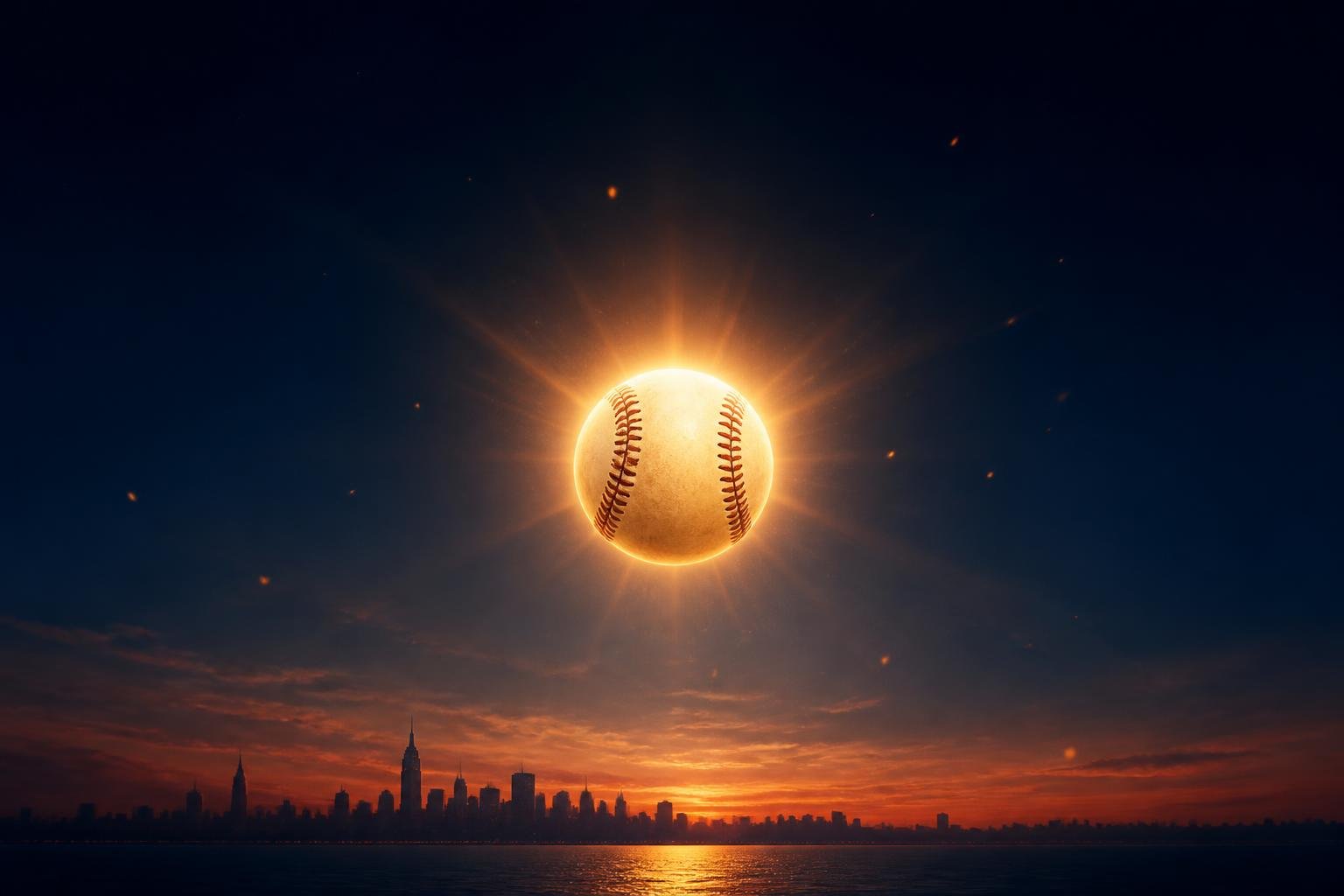 Imagen conceptual de una pelota de béisbol iluminada como un sol de verano sobre fondo navy