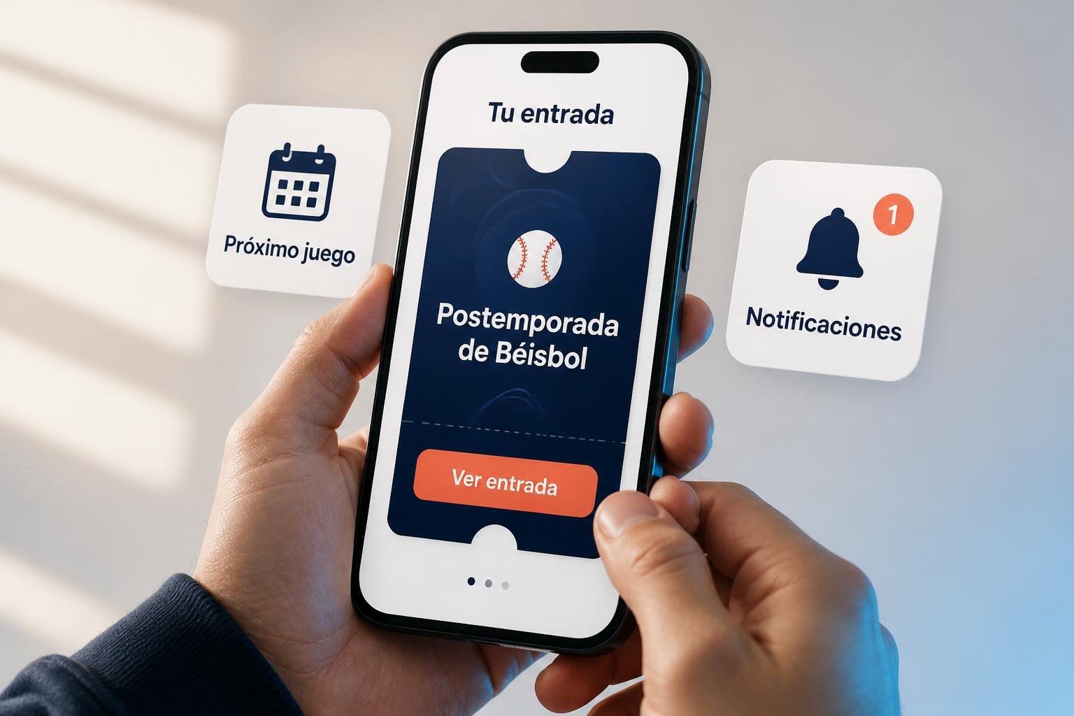 Manos sosteniendo un celular con la entrada digital de un partido de béisbol en la app del equipo