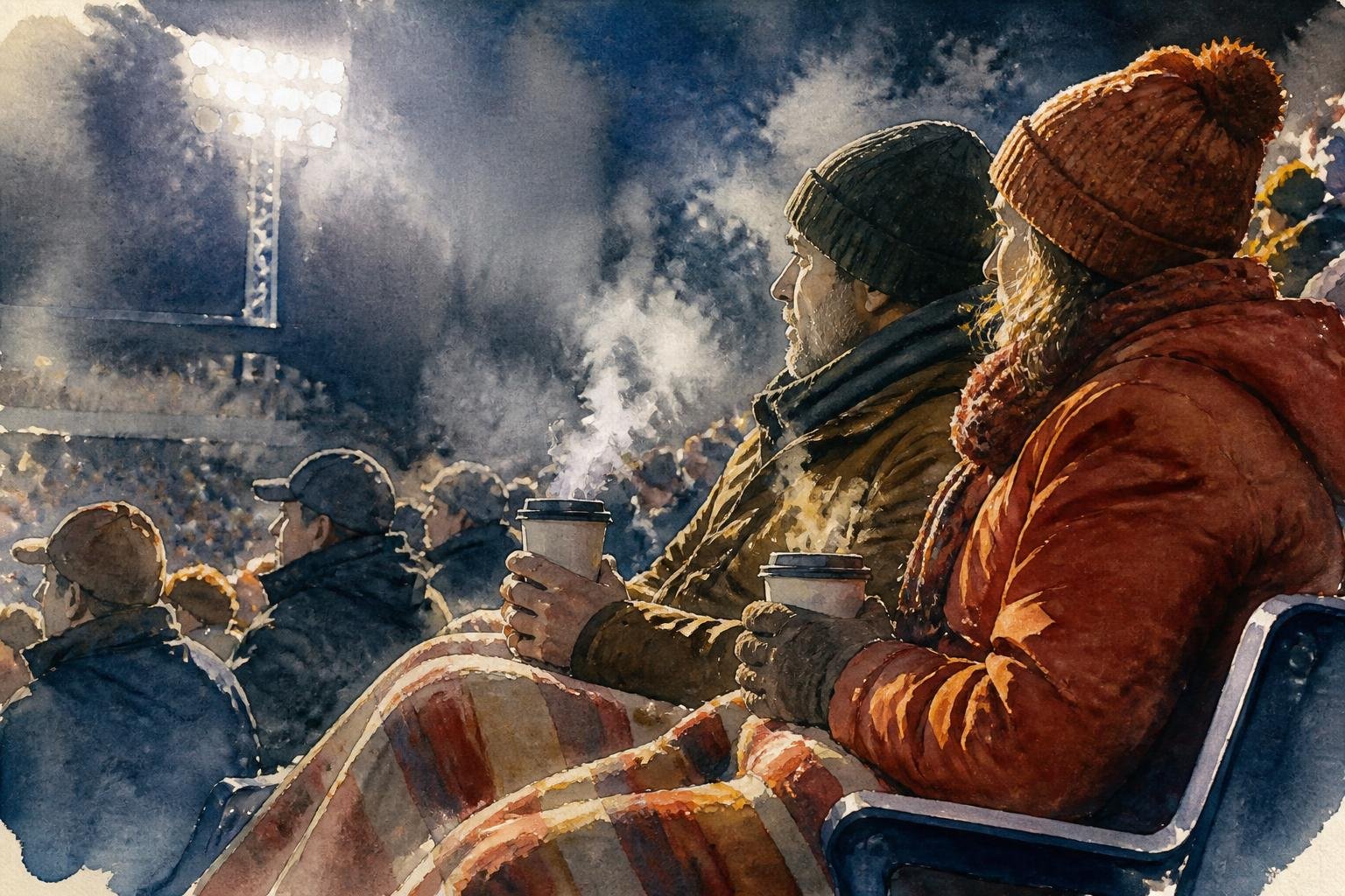Público abrigado y de pie en una tribuna de octubre, con vapor de las bebidas calientes y luces de estadio recortando las siluetas