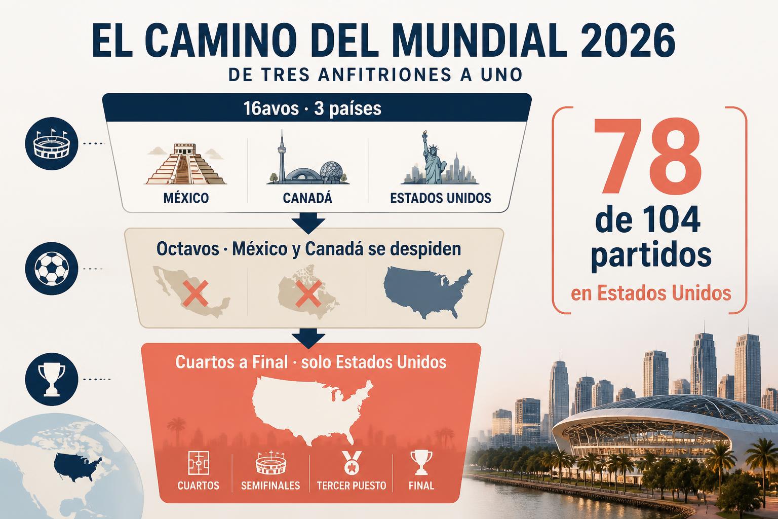 Infografía del embudo de rondas del Mundial 2026, mostrando cómo los partidos se concentran progresivamente en Estados Unidos hasta la final