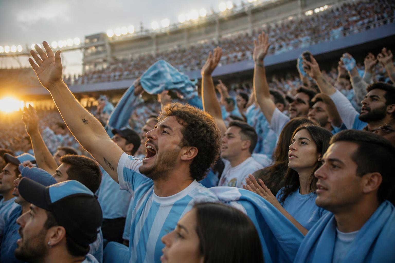 Hinchas con camisetas celestes y blancas en las tribunas de un estadio al atardecer, ambiente de Mundial