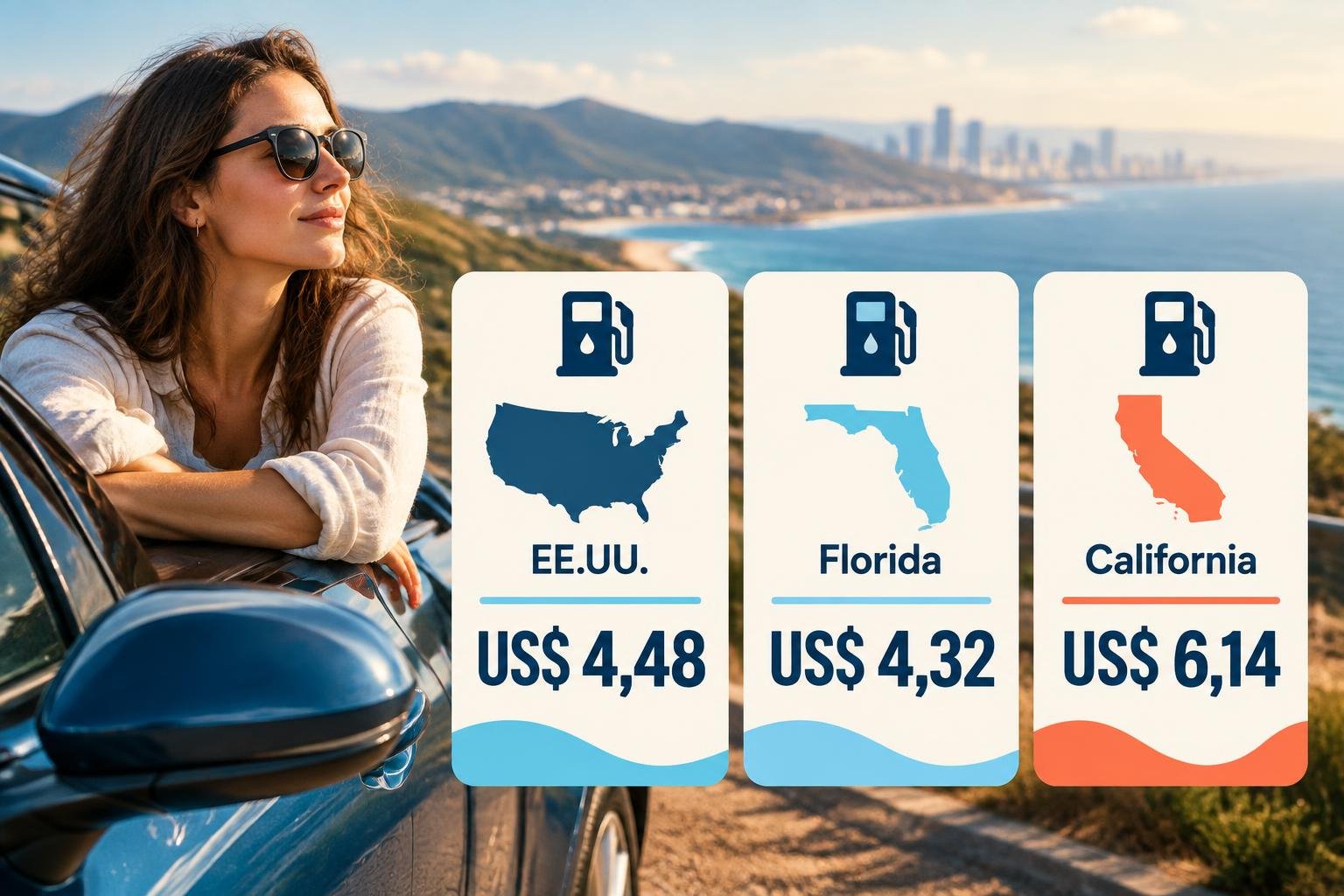 Infografía con el precio promedio de la nafta regular en Estados Unidos, Florida y California