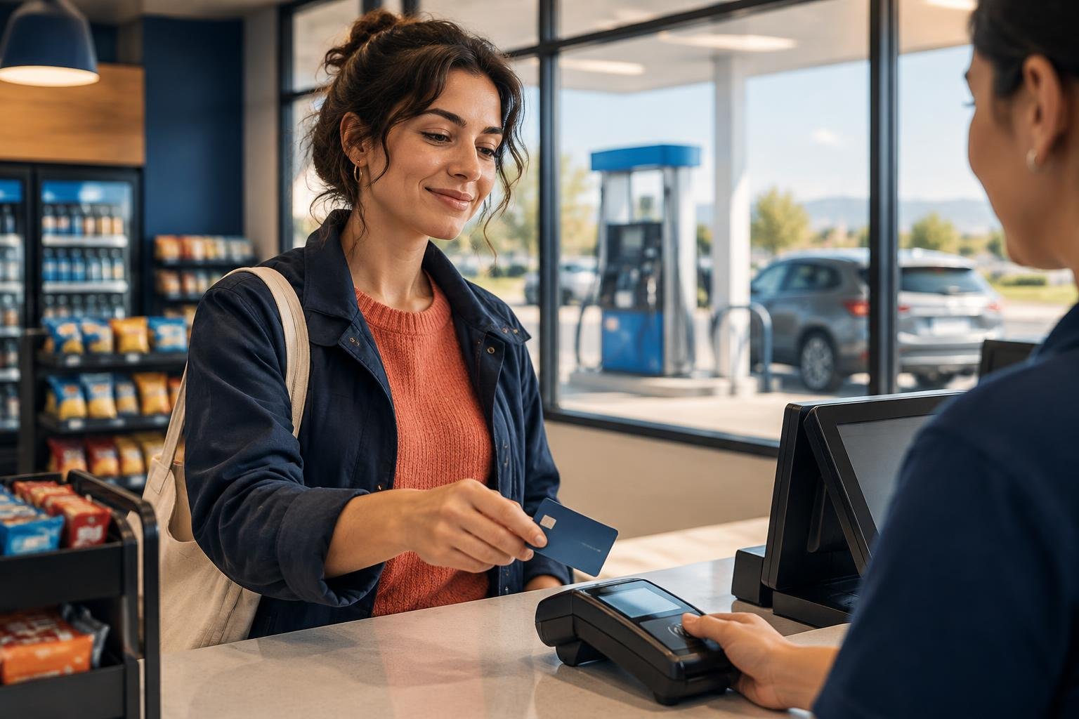 Turista pagando combustible dentro de una estación después de que el surtidor rechazó una tarjeta extranjera